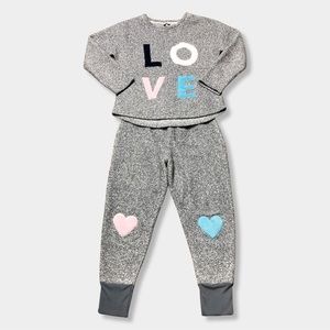Jaclyn Intimates Fuzzy Warm Grey Love Heart 2pc Pajama Sleep Top Shirt Pants Set